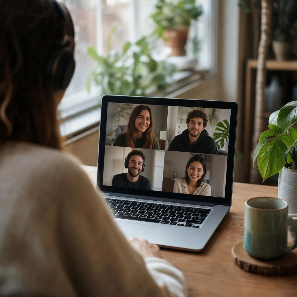 A remote team on a friendly video call, collaborating warmly over a laptop