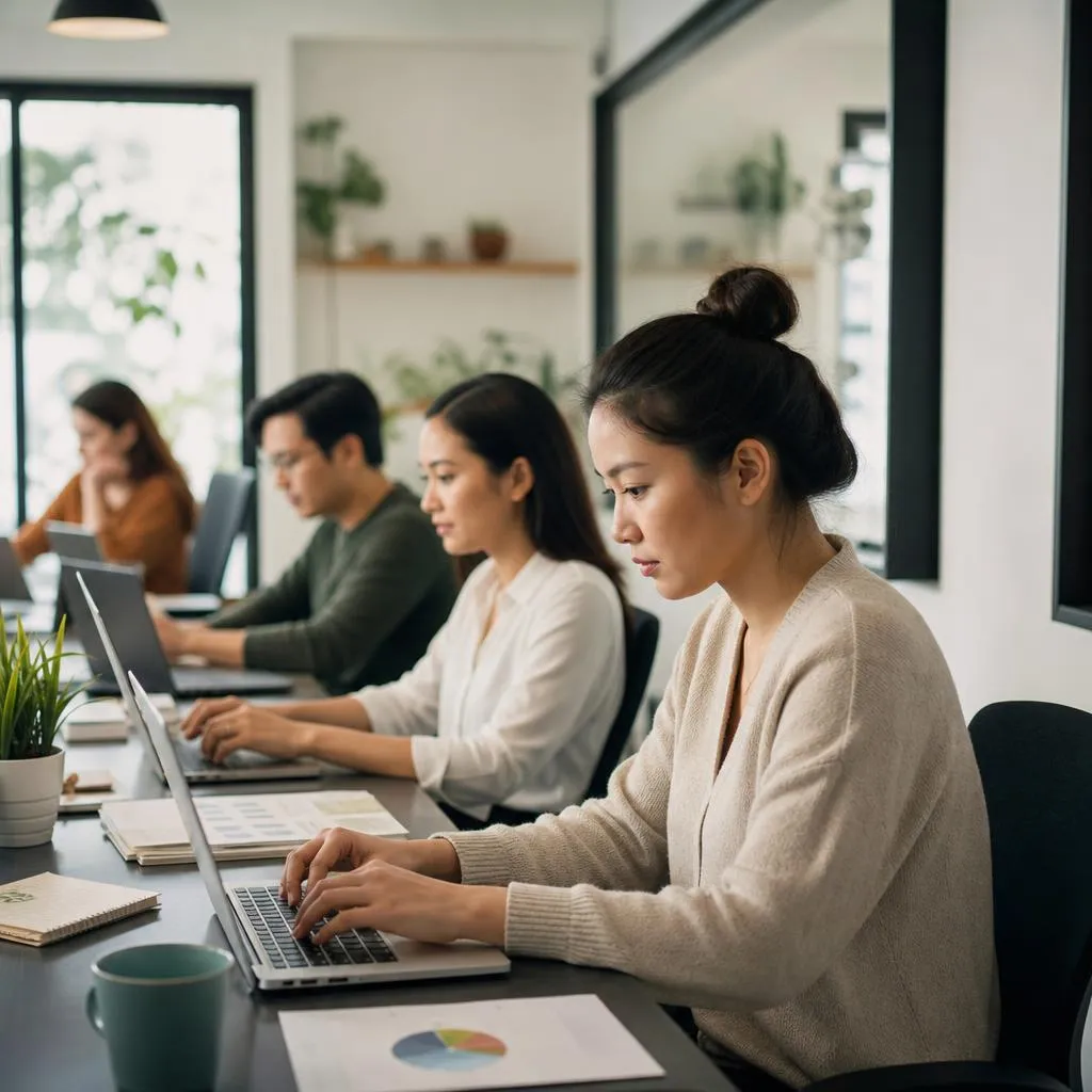 A back-office team of virtual assistants working together in a bright modern office