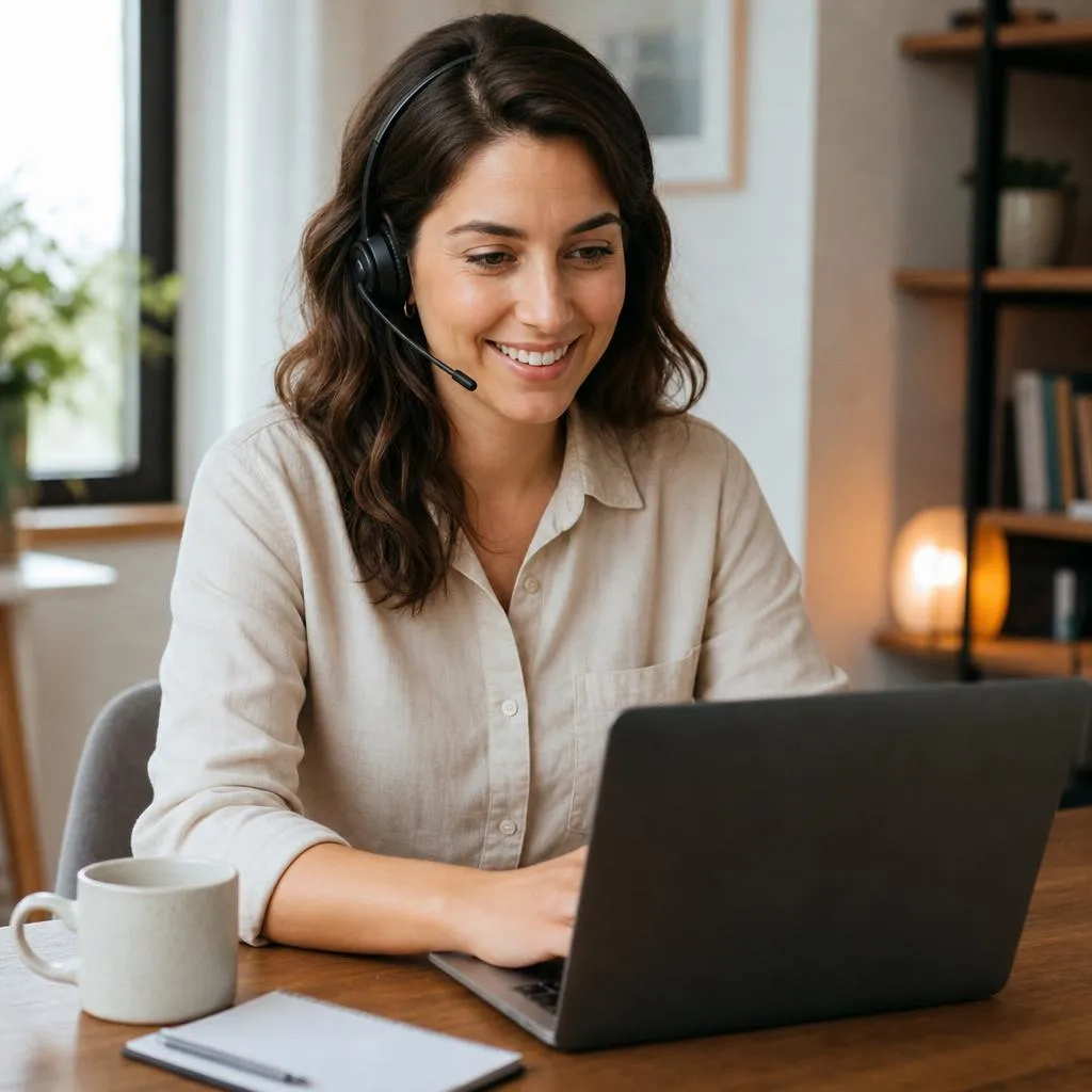 A friendly virtual assistant wearing a headset, smiling while working at a laptop in a bright home office