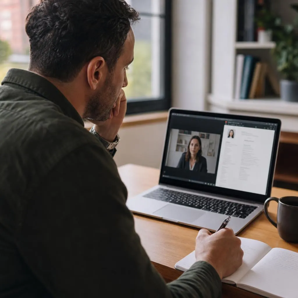 A recruiter carefully reviewing a candidate's video interview and CV while taking notes