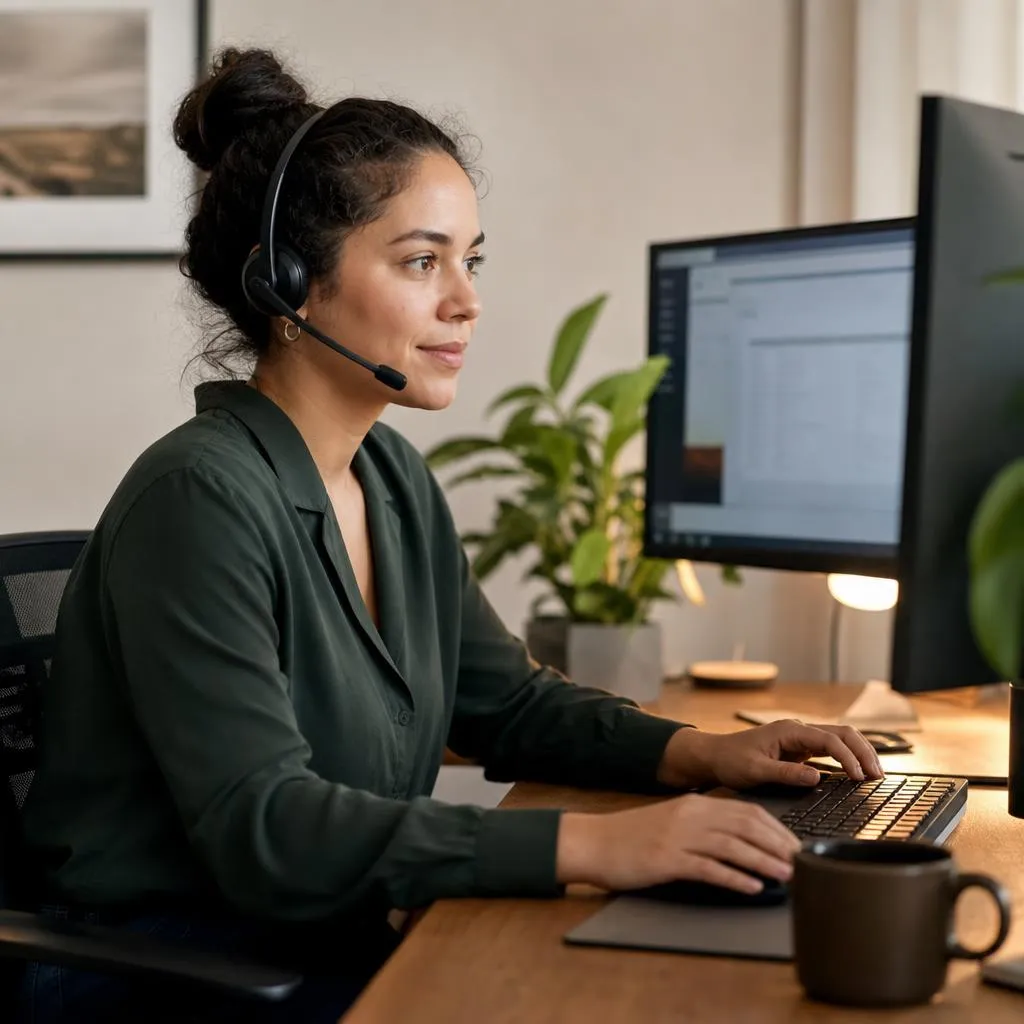 A dedicated virtual assistant working focused at a well-organised desk while wearing a headset