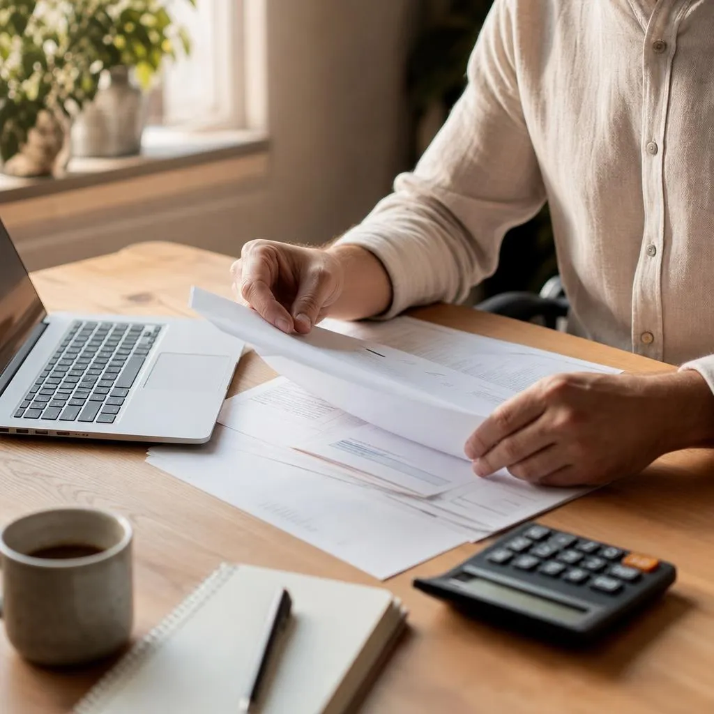 A business owner reviewing paperwork at a tidy desk with a laptop, calculator and coffee
