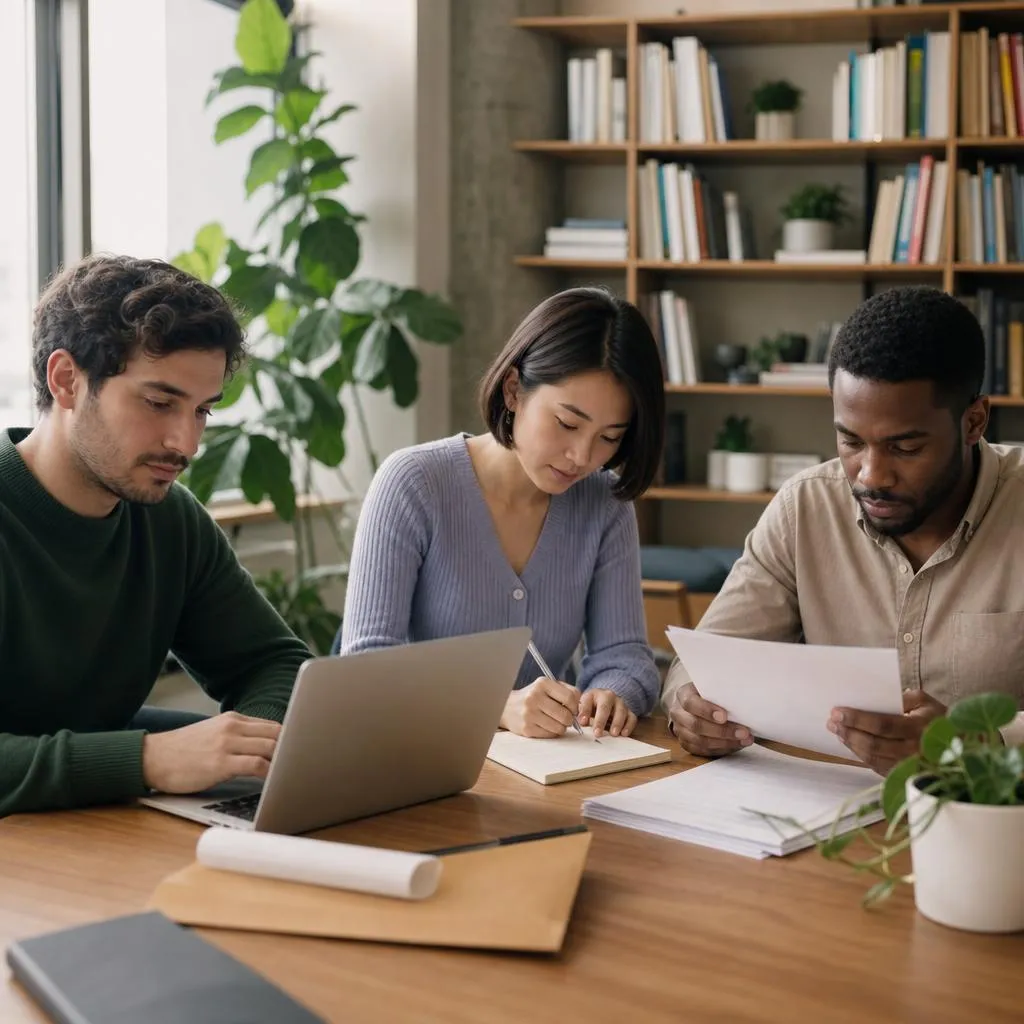 Three colleagues working together at a shared desk, each focused on a different task