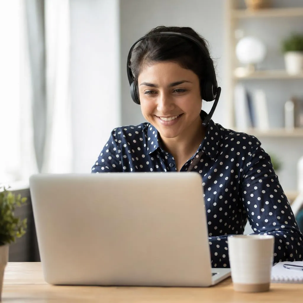A friendly virtual assistant smiling on a video call, ready to help